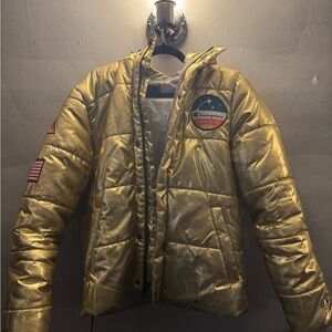 Champion Metallic Gold Puffer Jacket - Space Patch, Size Small
